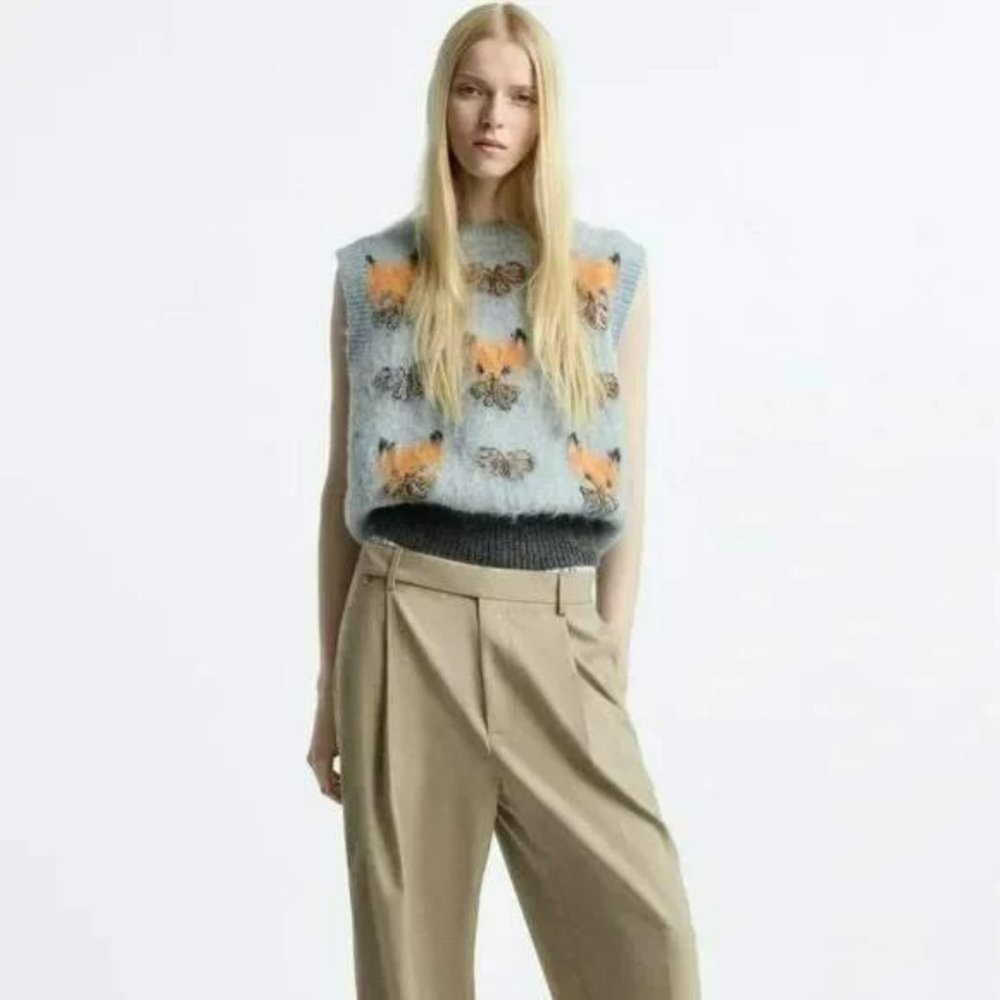ZARA X HARRY LAMBERT JACQUARD KNIT VEST - KITTEN PRINT
